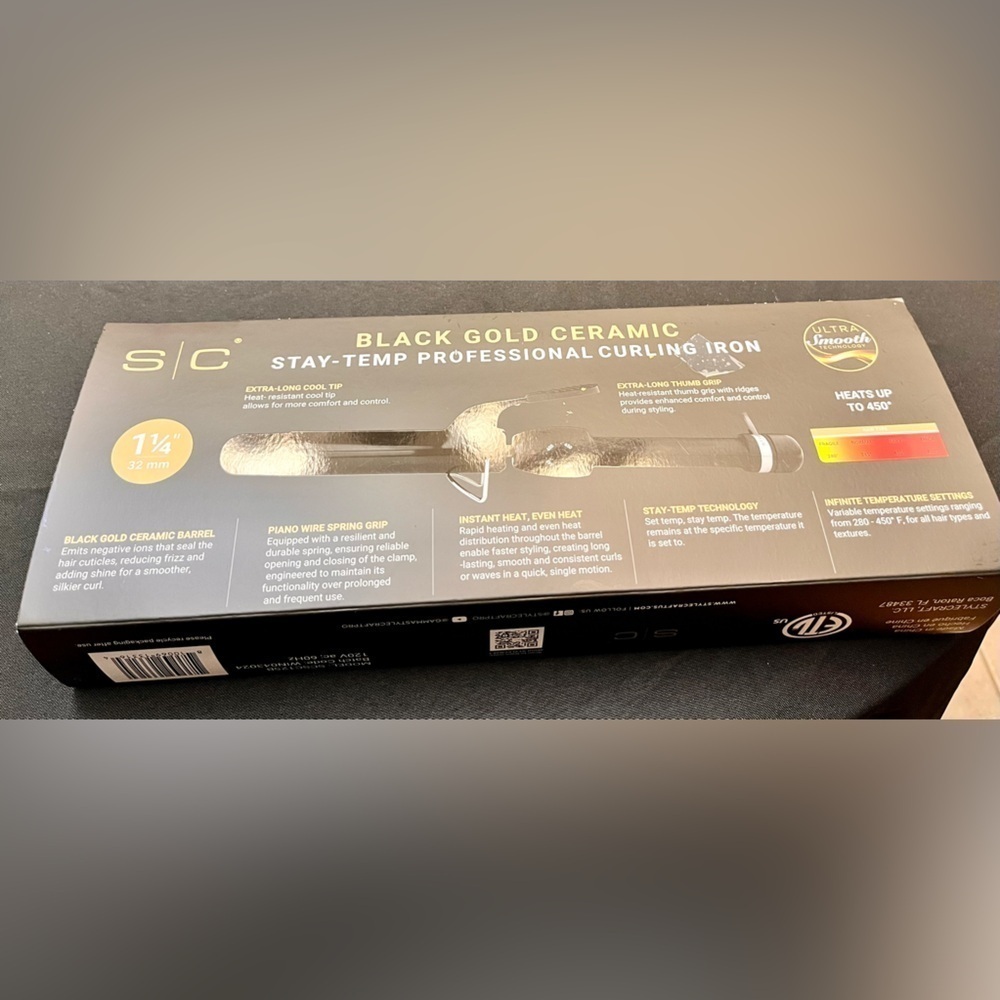 StyleCraft Black Gold Ceramic Stay-Temp Professional 1.25" Curling Iron SCSC125B - Picture 9 of 11